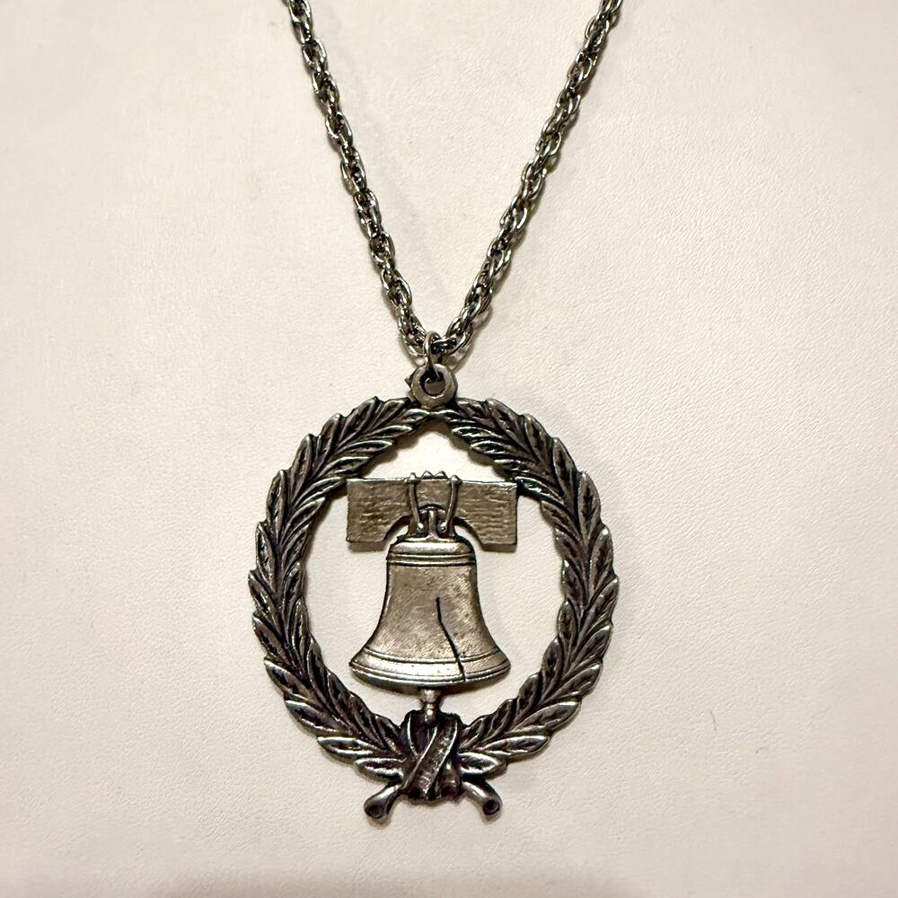 Vintage LIBERTY BELL Pewter Medallion Necklace by Cranston